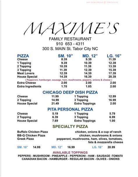 maximes menu with prices.